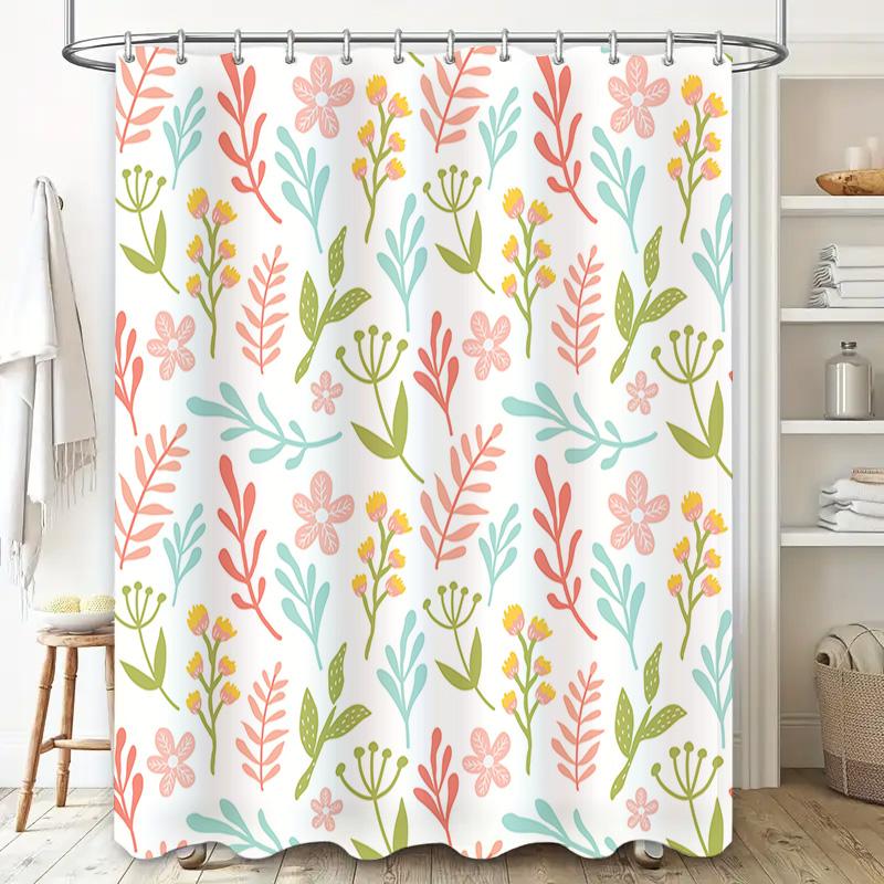 Patterned Shower Curtain Fabric Decorative Waterproof Bathtub Liner for Bathroom Coral Pink Green Yellow Flowers Leaves Print 3D