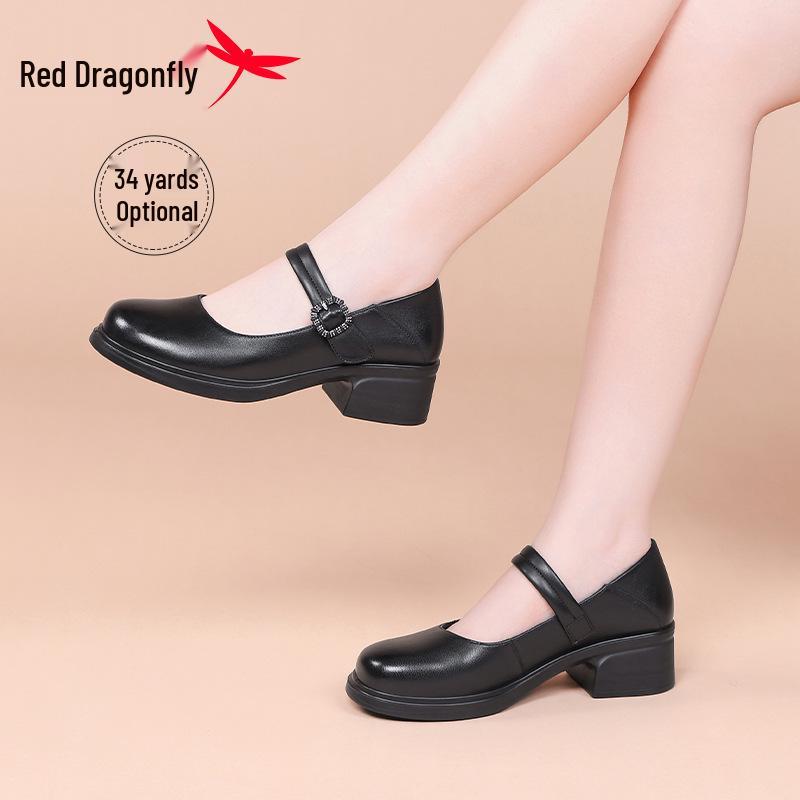 Red Dragonfly Women's Autumn Cowhide Mary Jane Shoes with Thick Heel and Height Increase Feature