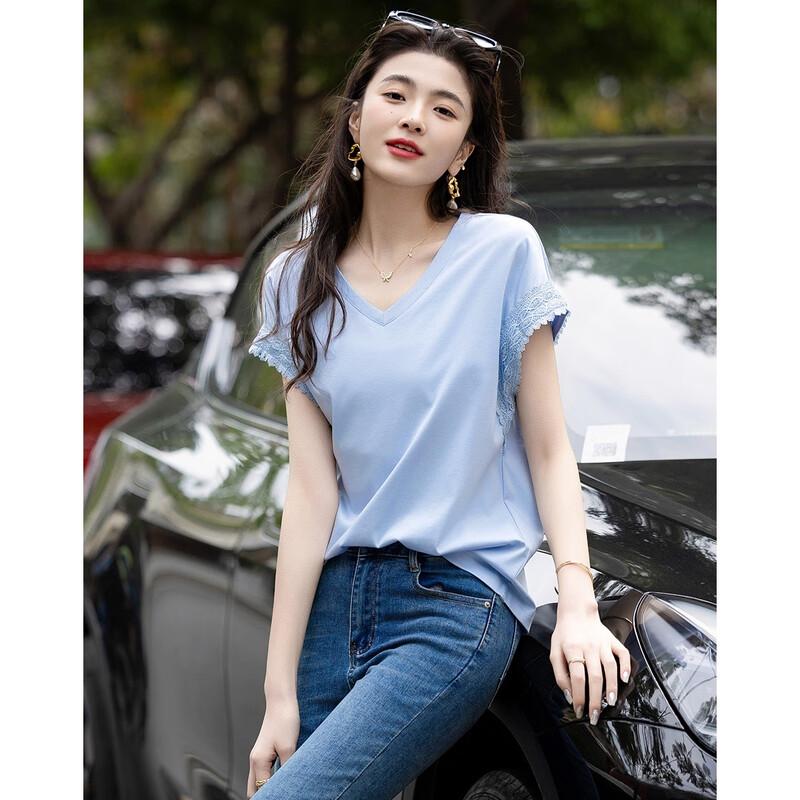 Demana Women's Summer V-Neck Lace Trim Mercerized Cotton T-Shirt
