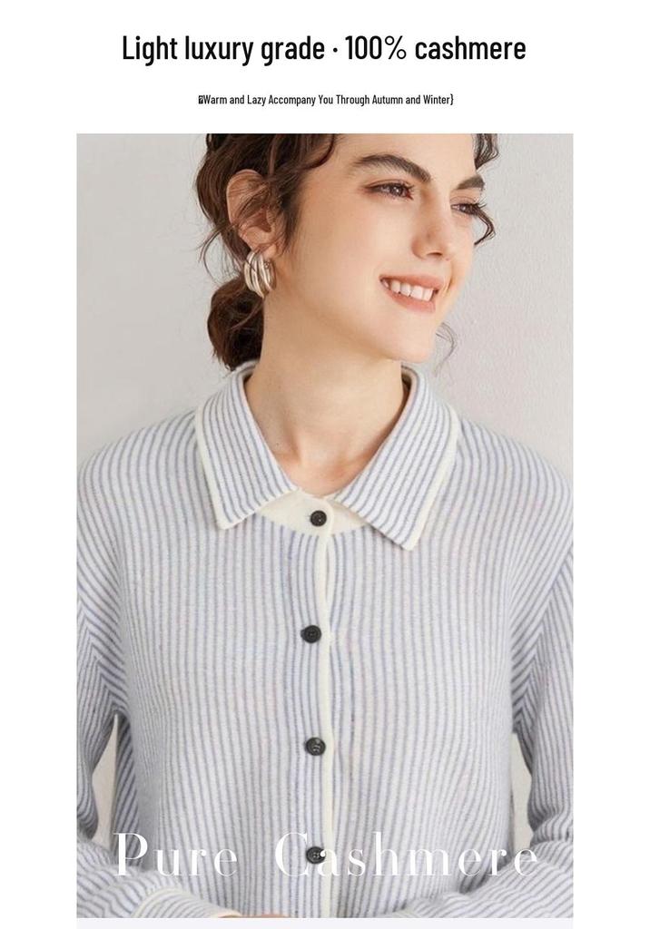 Women's Pure Cashmere Stripe Knit Polo Collar Cardigan Sweater - Autumn/Winter Long Sleeve