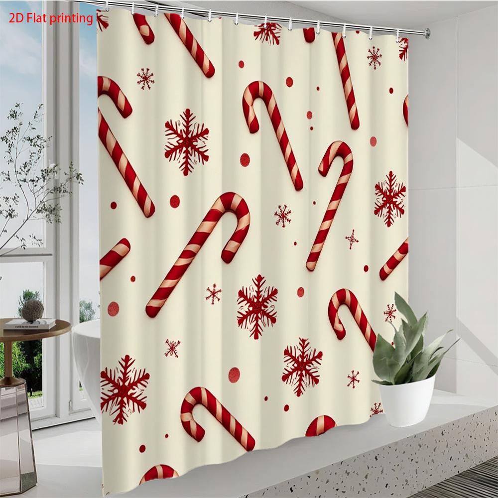 1Pc Shower Curtain With Candy Cane And Snowflake Pattern, Polyester Fabric, Machine Washable, Suitable For Bathroom Decoration