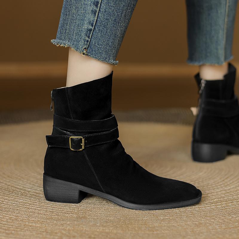 Fashion 2025 Autumn/Winter Women Boots Genuine Leather Women Shoes Square Toe Chunky Heel Shoes Ankle Boots Modern Chelsea Boots