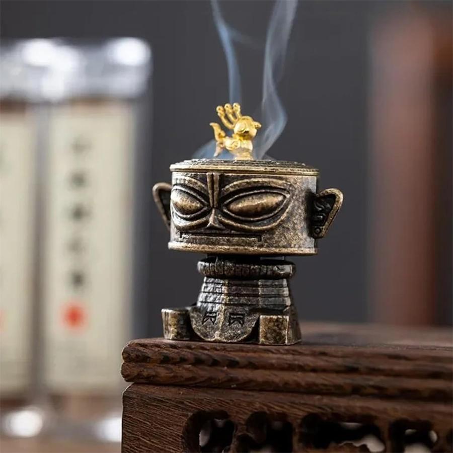 Sanxingdui Alloy Incense Burner - Mini Vintage Holder for Meditation, Cones & Coils, Retro Home Decor Gift