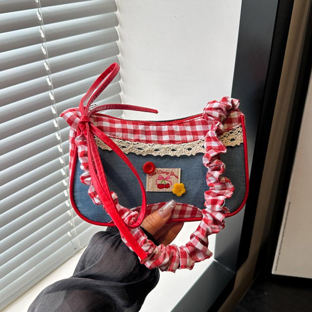 Woman Fashion Lattice Shoulder Bag Bow Denim Lovely Underarm Bag Pleated Drawstring Design Daily Commuting Handbag