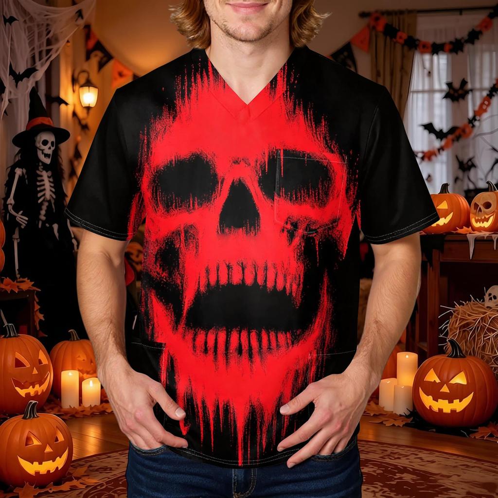 Men's Halloween Printed V-Neck Short Sleeve Scrub Top with Pocket