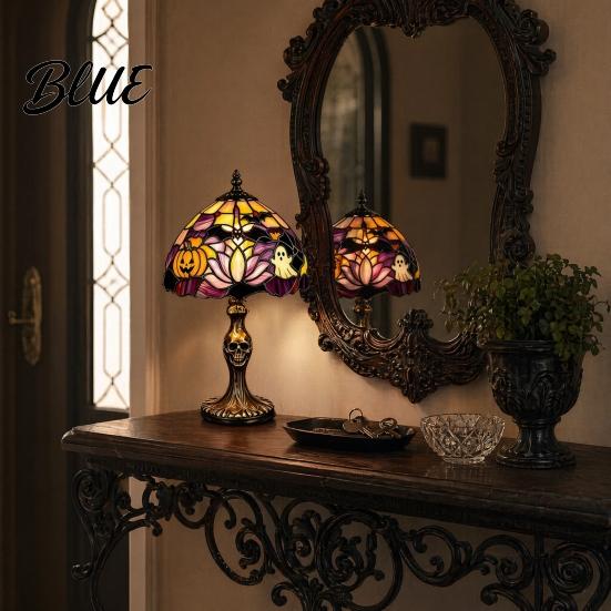 USB Desk Light Halloween Pumpkin Ghost Table Light Stained Glass Art Night Plug-in Lamp Vintage Decorative Lamp for Holiday Party Home Gothic