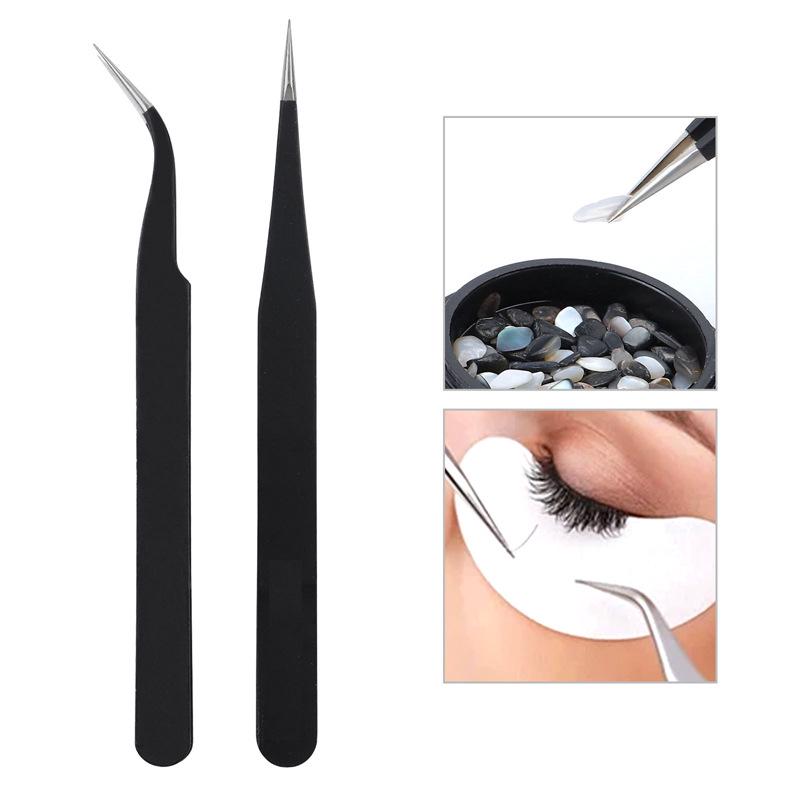 Stainless Steel Nail Art Tweezers - Black Curved & Straight Tips for Eyelash Grafting, Rhinestone/Picking Decorations, Multi-functional.