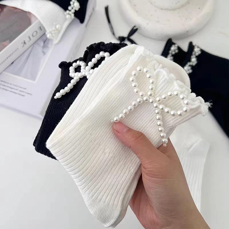Women Socks Cotton Female Thin Cute Sweet Kawaii Lolita Harajuku Summer Pearl Stockings Lace Sock White Black Ruffle Girls Sox