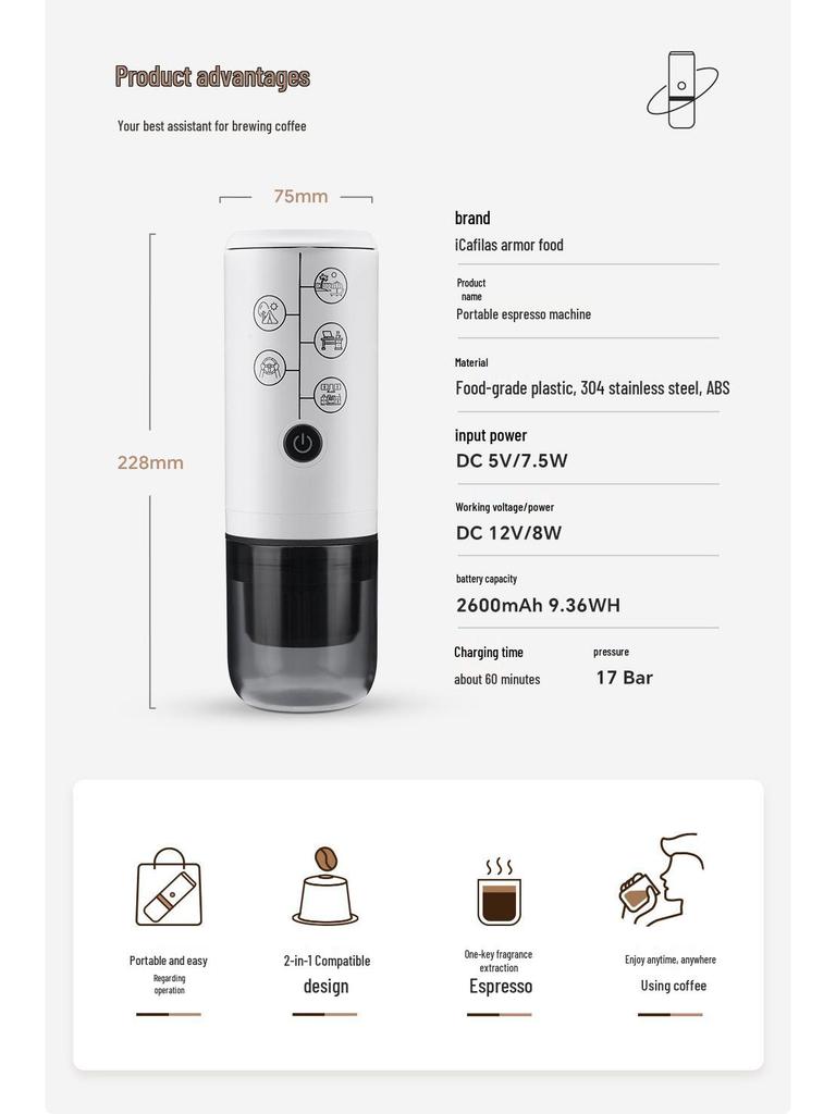 Portable One-Key Wireless Espresso Capsule Coffee Machine for Travel