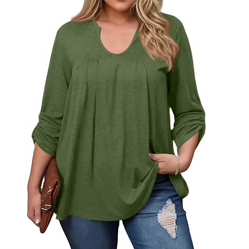 Dámská móda plus size Jednobarevný ležérní plisovaný top s kulatým výstřihem a dlouhým rukávem
