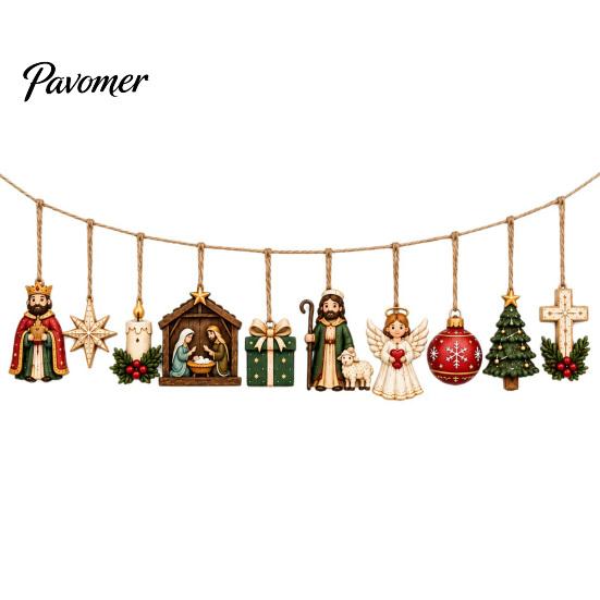 Vintage Christmas Tree Pendants Retro Wooden Nativity Pendant for Decoration, Rustic Manger Religious Holiday Decorations Hanging Banner with