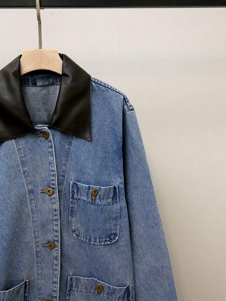 S Family Autumn French Casual Leather Lapel Patchwork Denim Jacket for Women