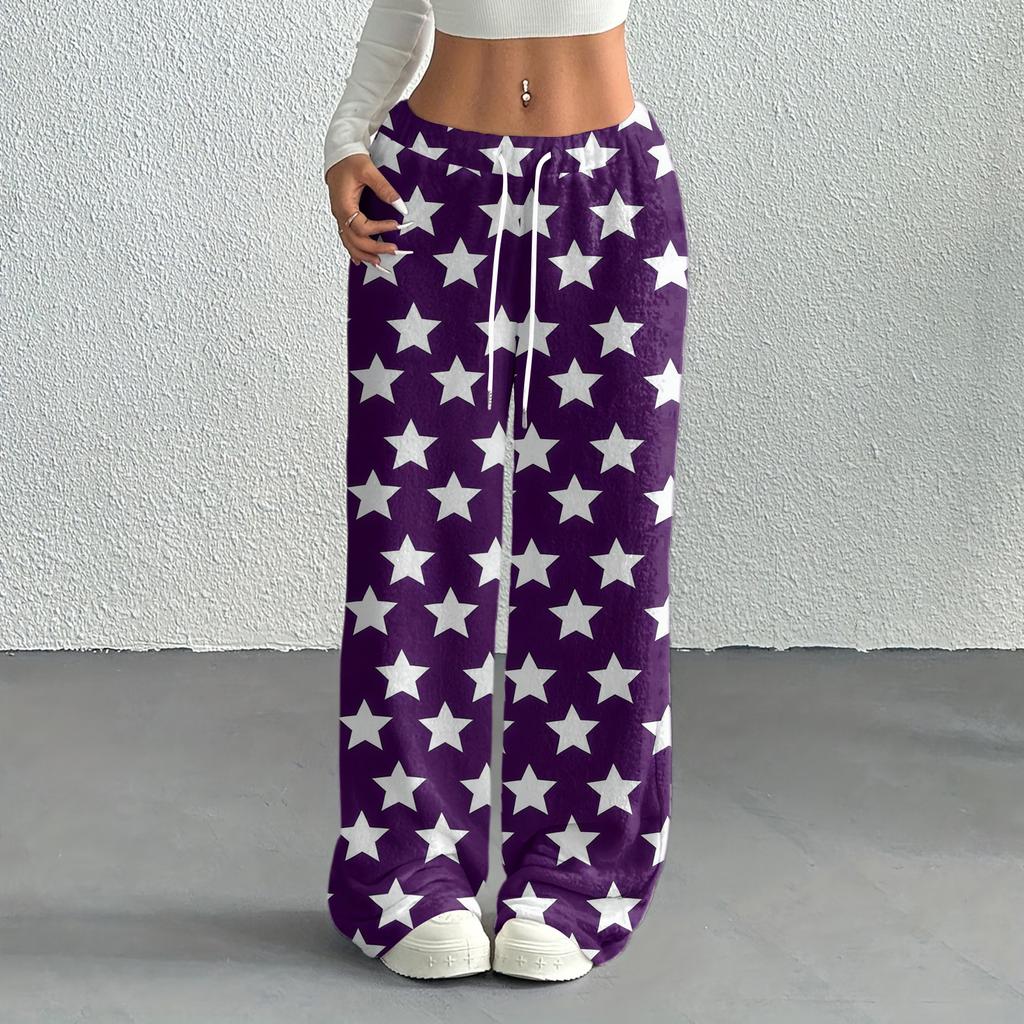 Women's Casual Fashion Printed Elastic Waist Loose Straight Leg Pants With Rope