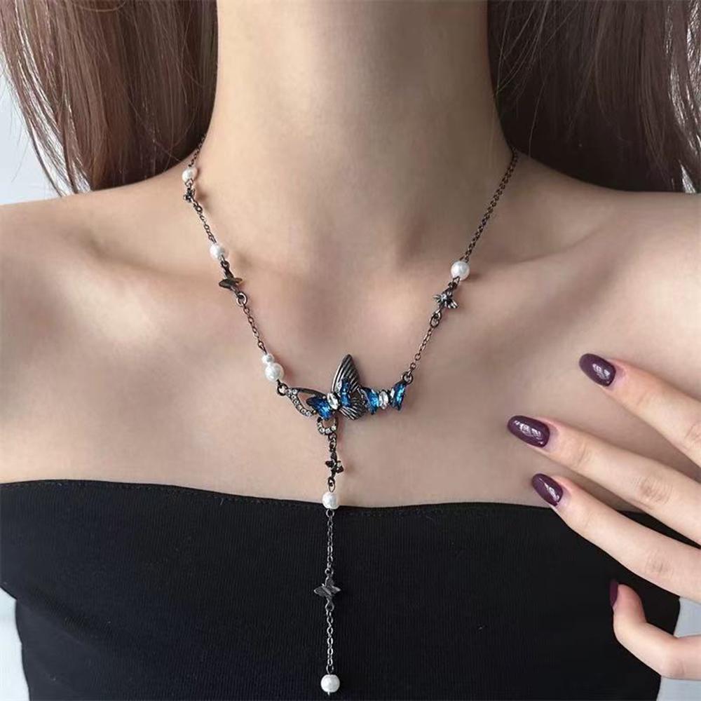 Blue Zircon Butterfly Tassel Necklace New Imitation Pearl Chain Y2K Design Creative Popular Collarbone Chain Women's Jewelry