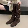 Fashion Comemore Suede Knight Boots Women 2025 New Autumn Retro Pleated Fashion Chunky Heeled Shoes for Women Solid Long Botas Femininas