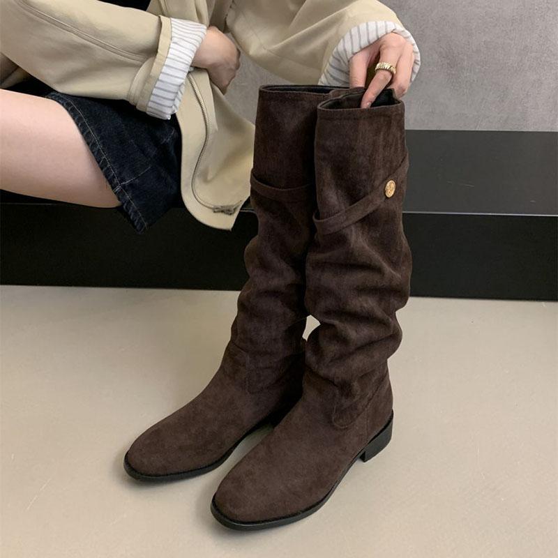 Fashion Comemore Suede Knight Boots Women 2025 New Autumn Retro Pleated Fashion Chunky Heeled Shoes for Women Solid Long Botas Femininas