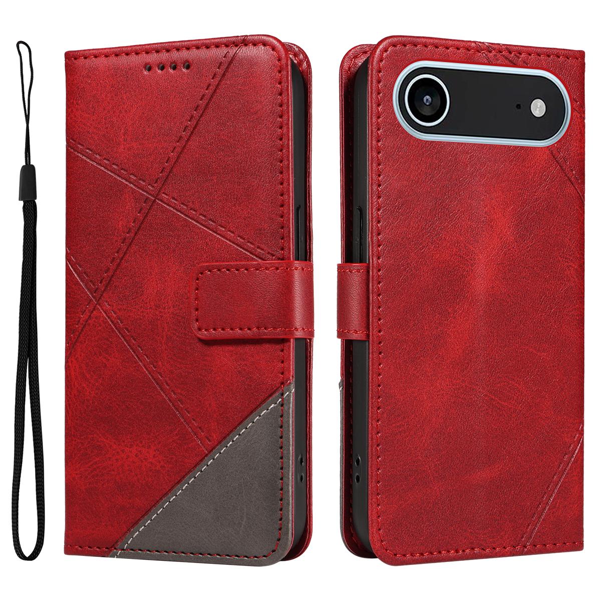 

For iPhone 17 Air Leather Case Geometric Line Design Wallet Phone Cover with Wrist Strap Red