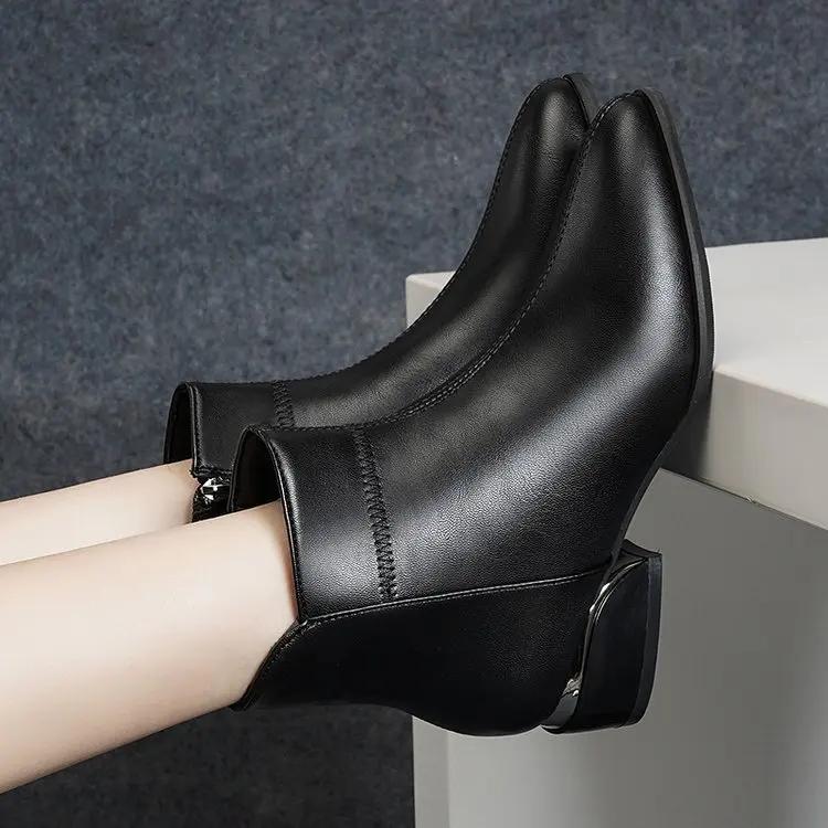 Women's Boots Fashion Casual Leather Boots Pointed Toe Office Formal Shoes for Women Zipper Ankle Boots Botas De Mujer
