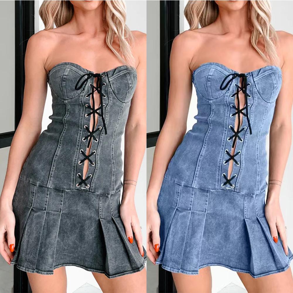 Abito estivo in denim senza spalline a vita bassa 2025 per donna - Europeo e Americano