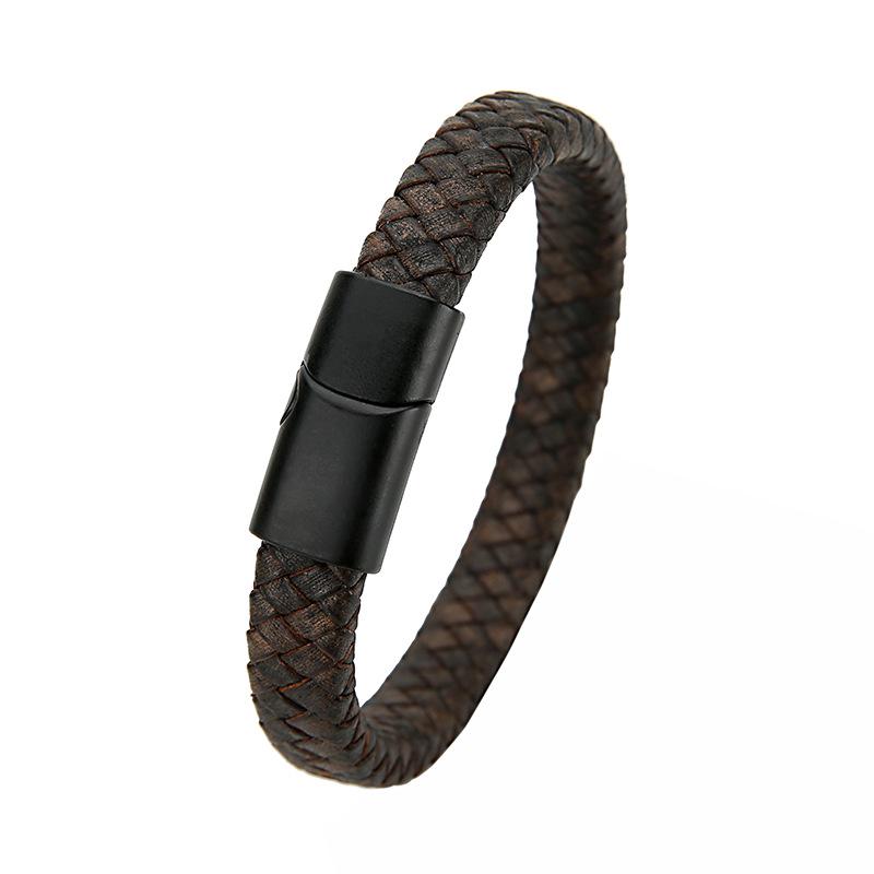 Retro Genuine Leather Men's Woven Cord Bracelet with Magnetic Buckle