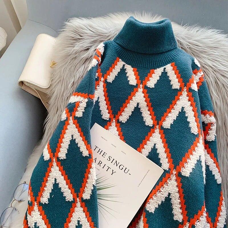 Módní Dámský Rolák Korejský Módní Zimní Pulovr Oversized Dlouhý rukáv Pletené svetry Lady Argyle