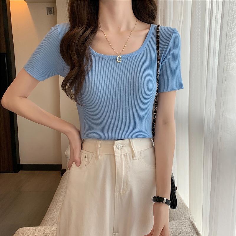 Fashion Ice Silk Short Sleeved Knitted Women's T-shirt Spring Summer New Slim Fit Thin Pullover Bottomed Sweater Women's Short Top Women's Clothing