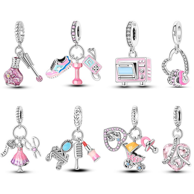 Copper Dumbbell Stroller Oven Lipstick Pink Charms Pendant Fit 3Mm Original Bracelets Fine Diy Jewelry Gift