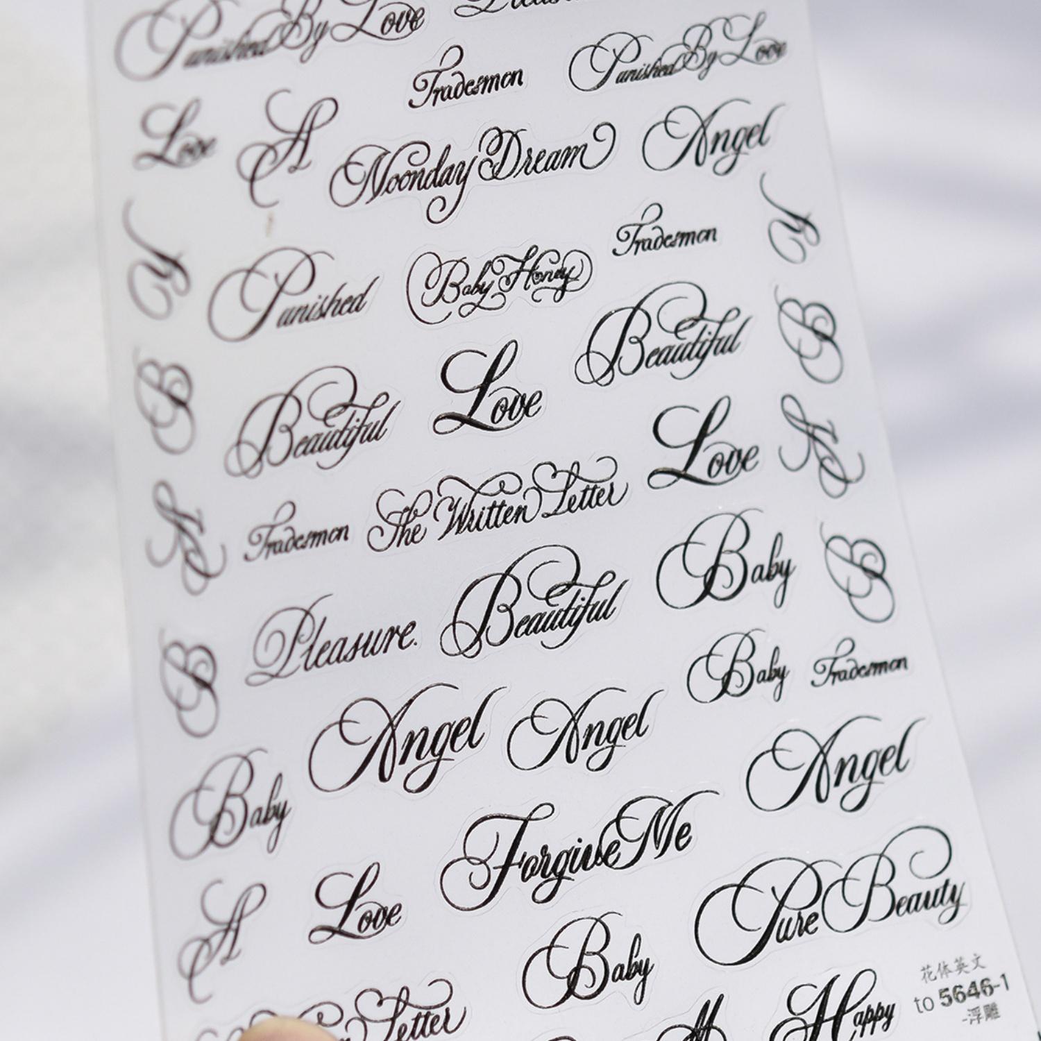 5D Zwart Wit Engelse Letter Nagels Stickers Gotische Woorden Romeins Alfabet Karakter Nail Decal Zelfklevende Letters Nail Decal