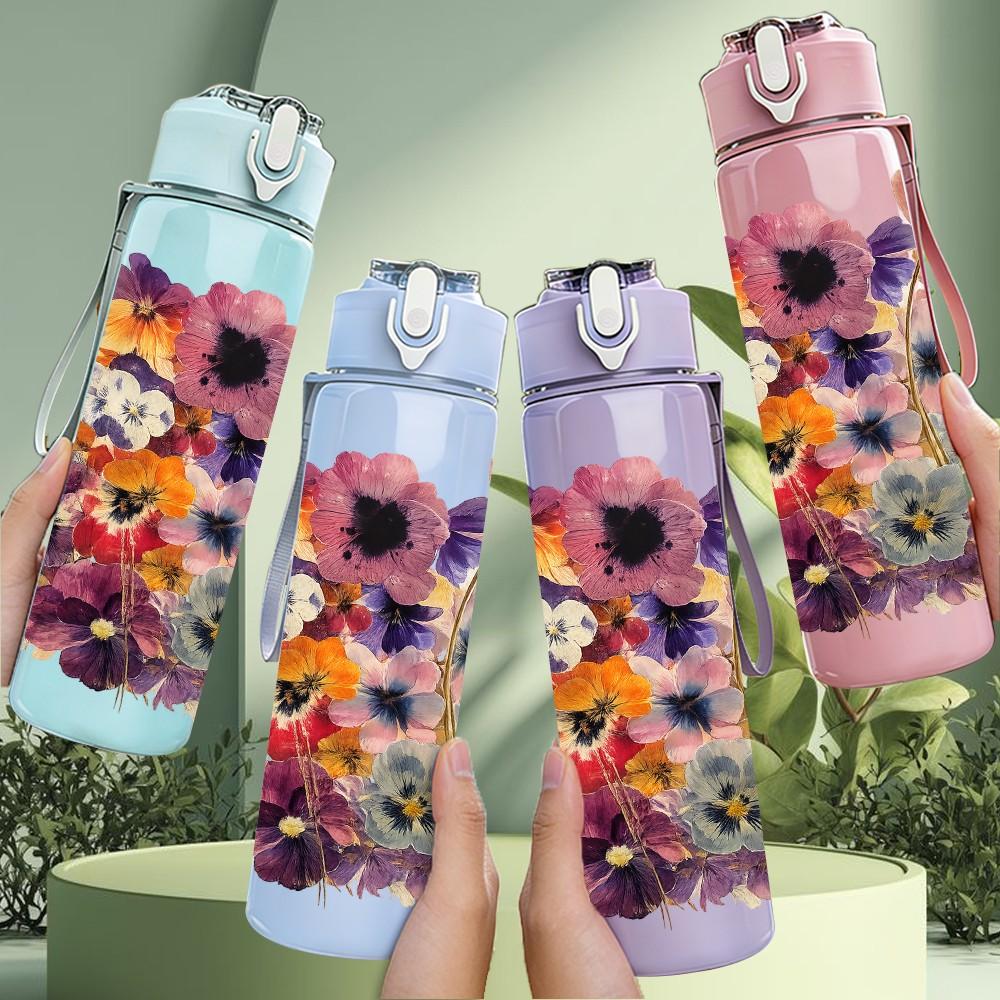 1PC Multicolor Mixed Wildflower Bouquet Print 750ml Color Plastic Sports Water Bottle Leakproof Flip Straw Lid Suitable for Sports Office Home Use