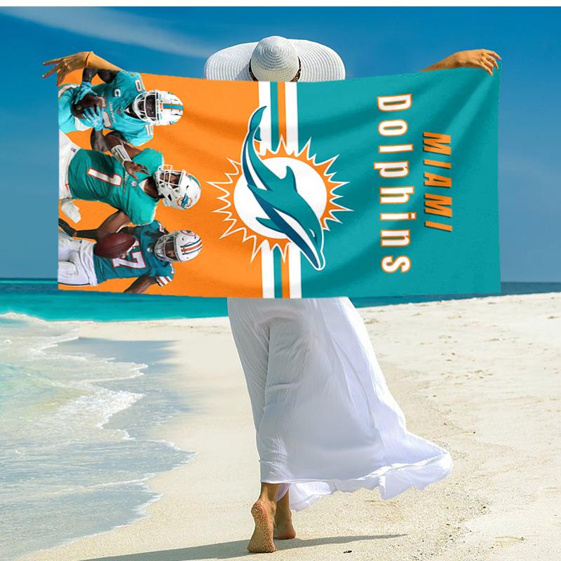 proof beach towel with Miami Dolphins logo pattern - soft,absorbent,quick-drying,machine washable - perfect for swimming,camping,bathing