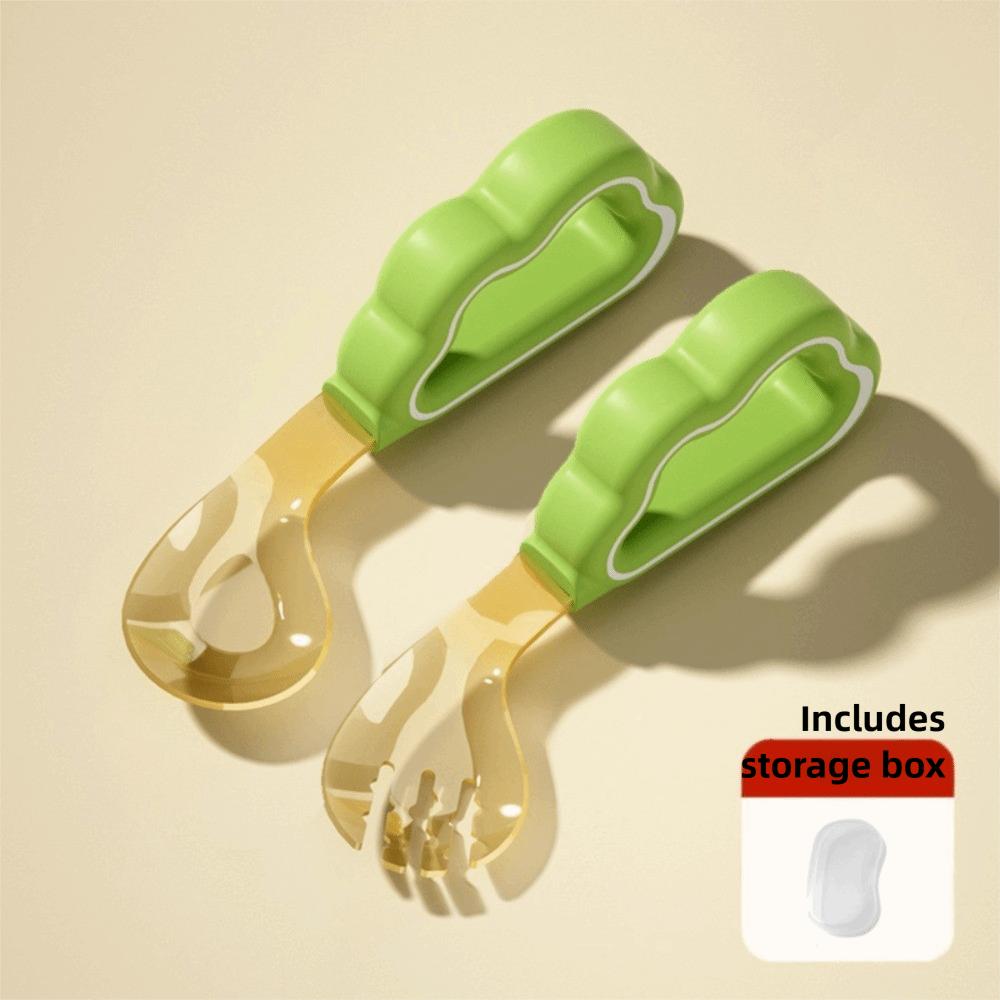 

Silicone Easy-Grip Handle Baby Utensils with Storage Box Eating Independently Tableware Kids зелений