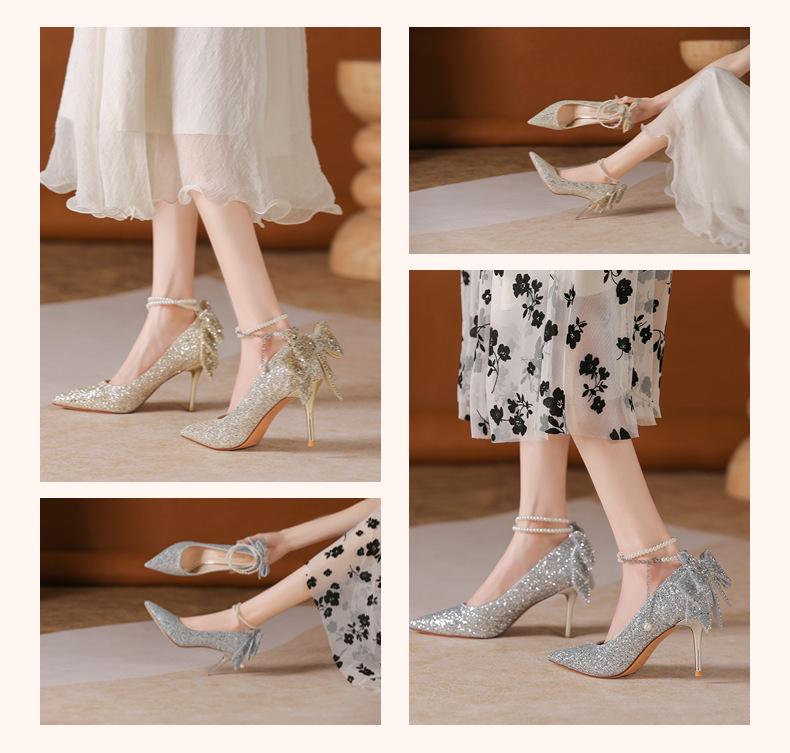New Black Crystal Sequin Pearl Bow High Heels Wedding Shoes
