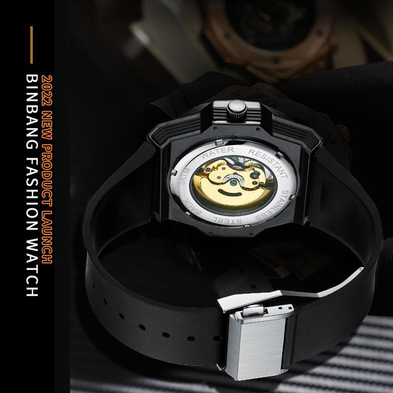 QINGXIYA Black Automatic Watch Skeleton Hollow Mens Wristwatches Quality Silicone Waterproof Luminous Hands Military Watches