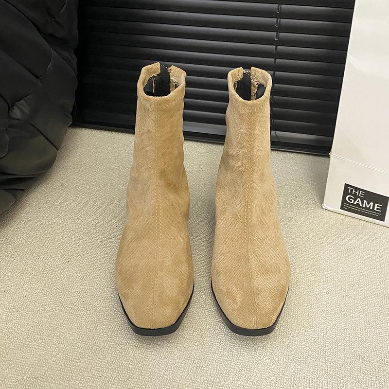 Retro Versatile Solid Color Simple Square Head Thick Heel Thin Boots Women's 2025 Autumn and Winter New Versatile Short Boots Fashion Short Boots