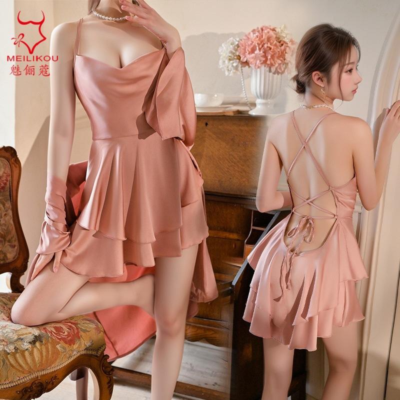 Sex underwear fashion skirt sexy pajamas ice silk large size suspender nightdress robe loungewear women's suit