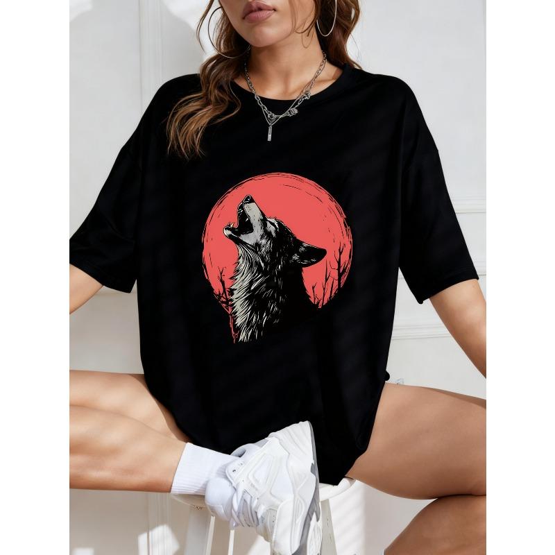 Wolf Howling Graphic T Shirt White Wolf And Red Moon Print Casual Summer Wear For Women