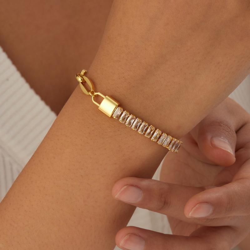18K Gold Plated Padlock Baguette CZ Link Bracelet, Dainty Paperclip Chain Charm Bracelet for Women, Trendy Jewelry