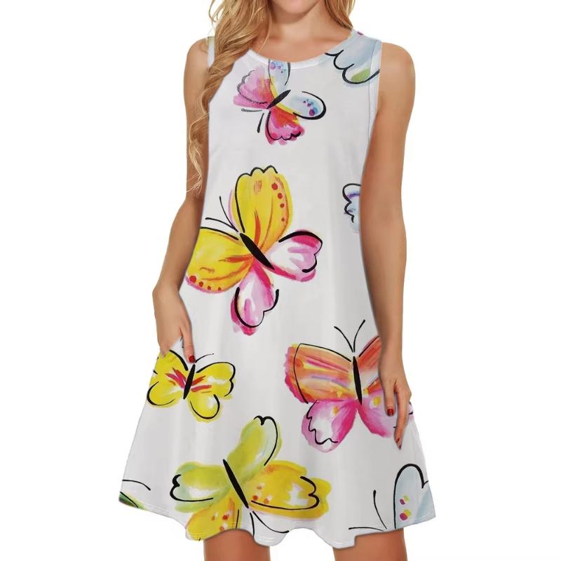 Women'S Elegant Floral Pink Green Leaf Pattern Print Sleeveless A-Line Dress Halloween Costume Oversized Woman Clothing Y2k Tops