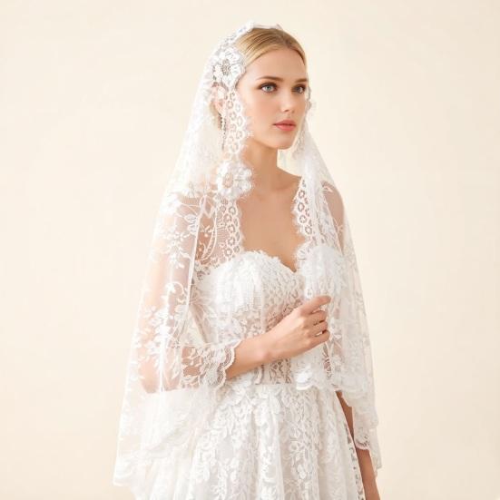 Velo di Pizzo Rete ad Alta Densità Forma Rigida Accessorio per Capelli da Sposa con Raffinati Bordi Floreali Aspetto Retrò Elegante per Matrimoni Halloween Gotico