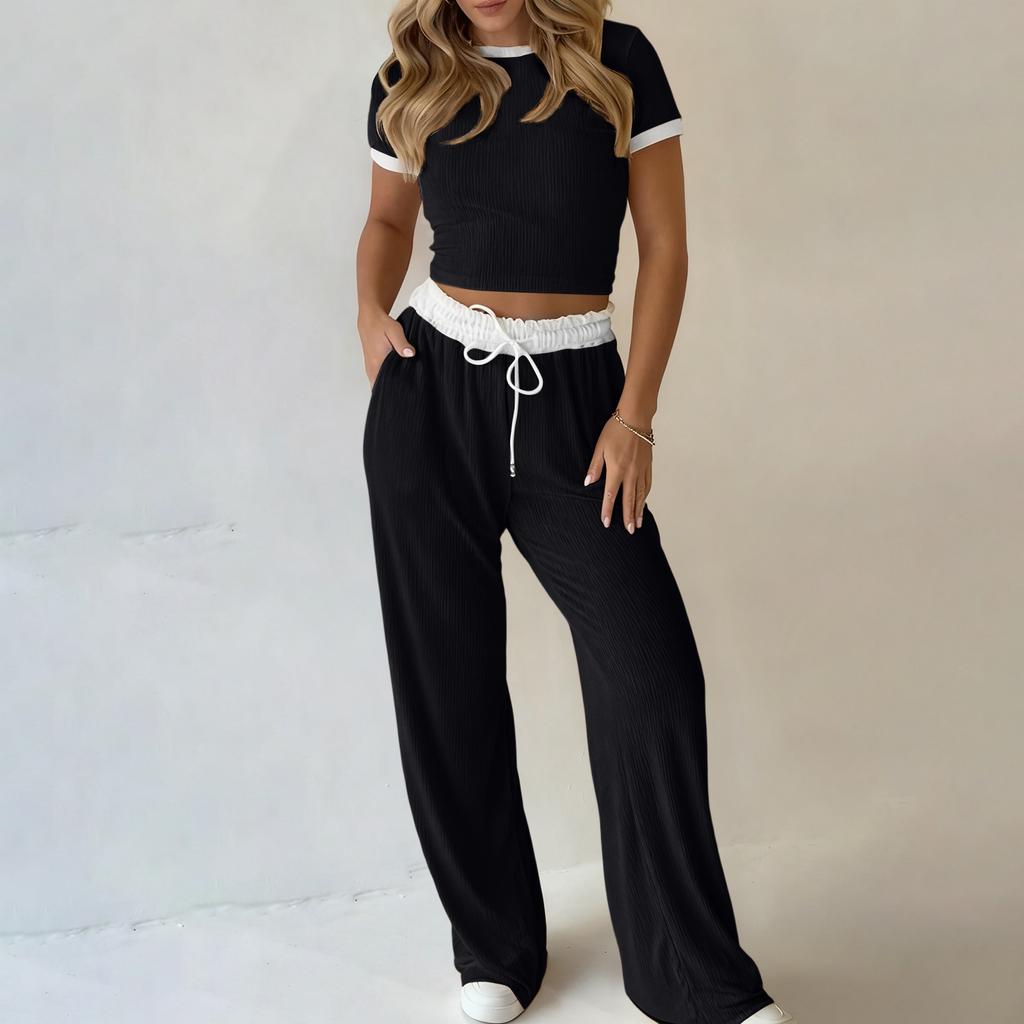 Women's Fashion Color Blocked Summer Round Neck Short Sleeved Top With Elastic Waist Casual Pants Sportswear Two-piece Set