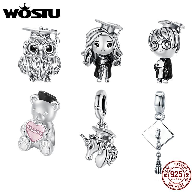 WOSTU Graduation Jewelry 925 Silver Girl & boy Charm Unicorn Pendant Retro Owl With Hat Bead Fit Bracelet Daughter Girl DIY Gift