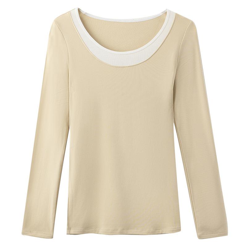 

CANVAUS Новая двухцветная контрастная черная рубашка с круглым вырезом и длинными рукавами, тонкая и удобная нижняя рубашка, футболка, модный женский топ XXL абрикосовый