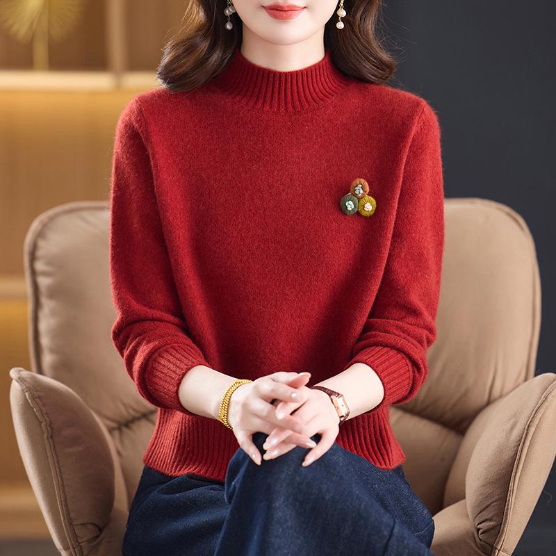New Pure Wool Sweater for Middle-Aged & Elderly Women - Stylish, Warm, Half-High Collar, Thickened for Autumn/Winter