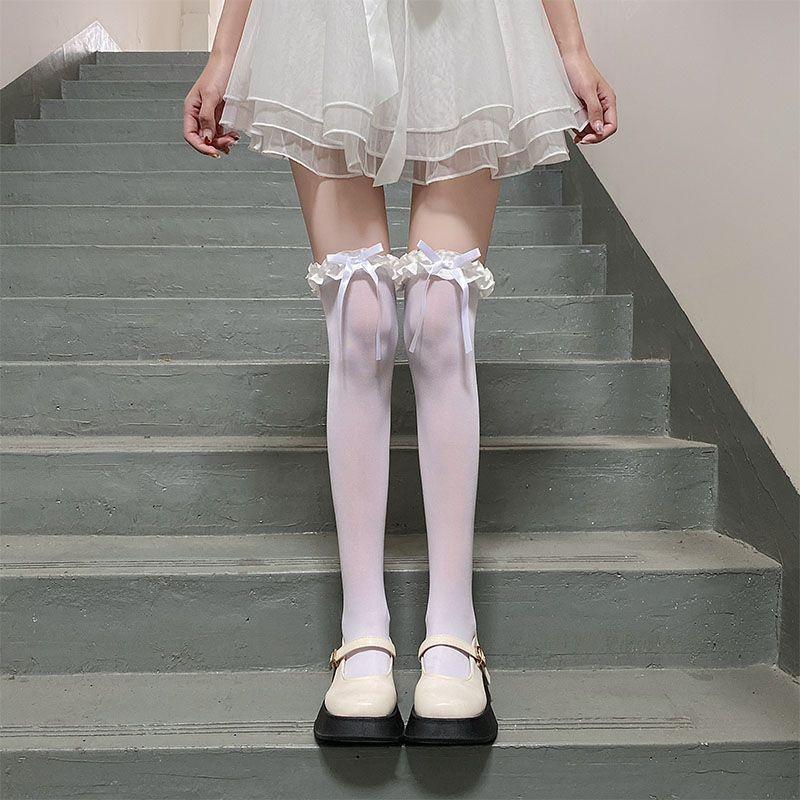 Black Hottie Pure Wind Over Knee Stockings Sweet Lace Lolita JK Stockings Cute Bow Calf Socks