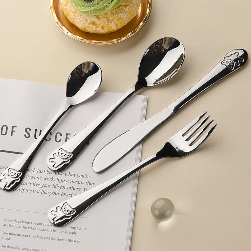 Kids Silverware Set Stainless Steel Kids Fork Spoon And Cutter Set Tableware Funny Bear Flatware Set For Children Toddler