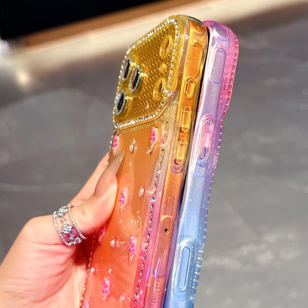 Glitter Cherry Gradient Colorful Flash Lens Film Protect Case for 17 Air 16 15 14 Plus 13 Pro Max Wavy Curly Edge Diamond Cover