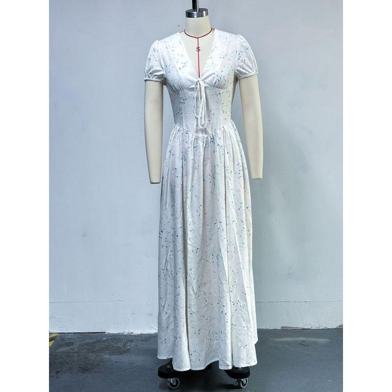 

Fashion Wind New Arrival Fashion Printed V-neck Short Sleeve Waist-Controlled Silm Dress Printed V-neck Dress White XL