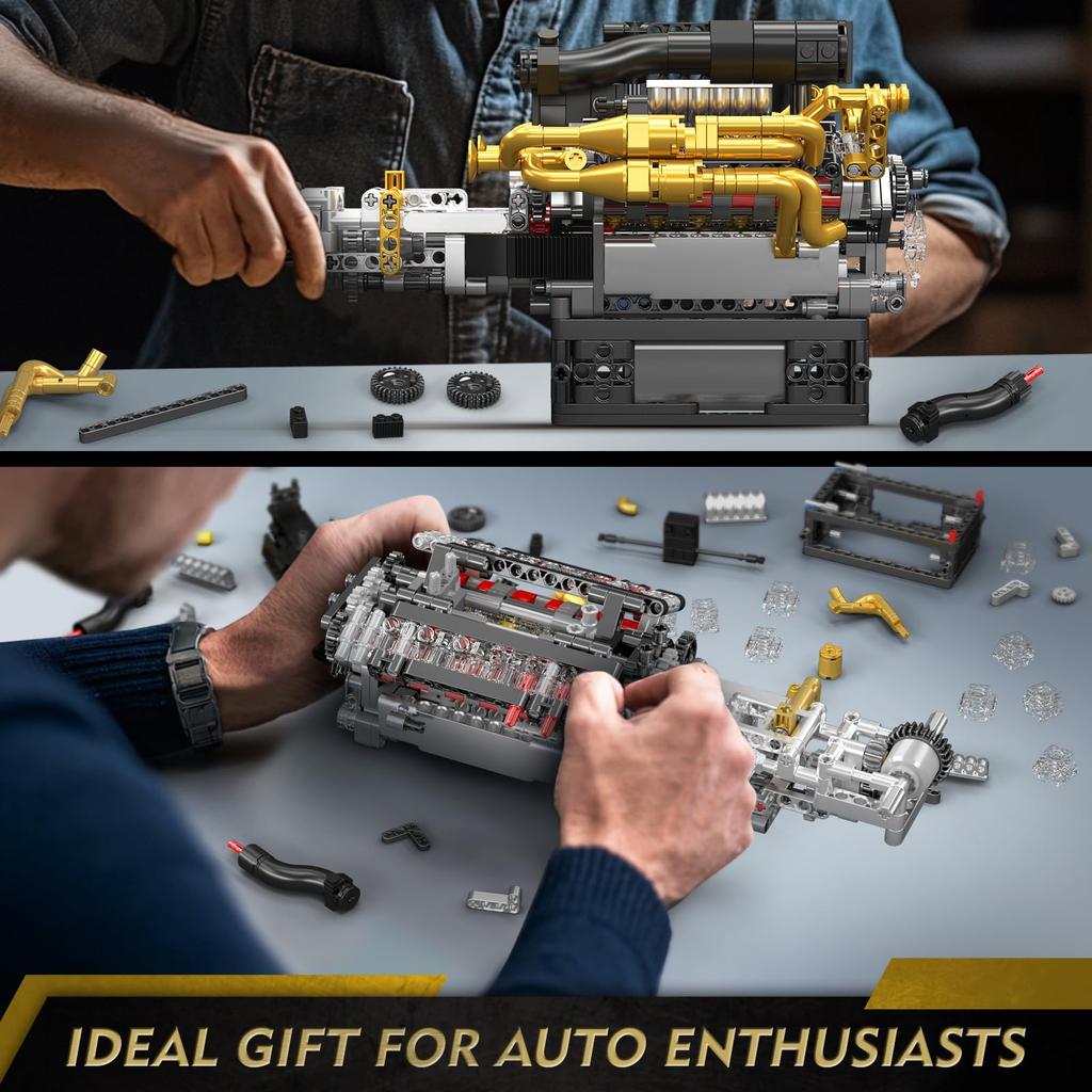 Mould King 10224 V12 Engine Building Blocks, 974 Pieces, Working Car Engine Model, STEM Educational DIY Engineering Kit, Ages 8+, Gift for Kids and
