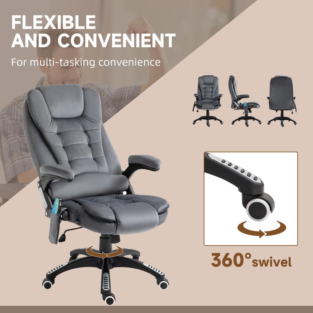 Massage Recliner Chair Heated Office Chair with Six Massage Points Velvet-Feel Fabric 360 degrees Swivel Wheels Grey