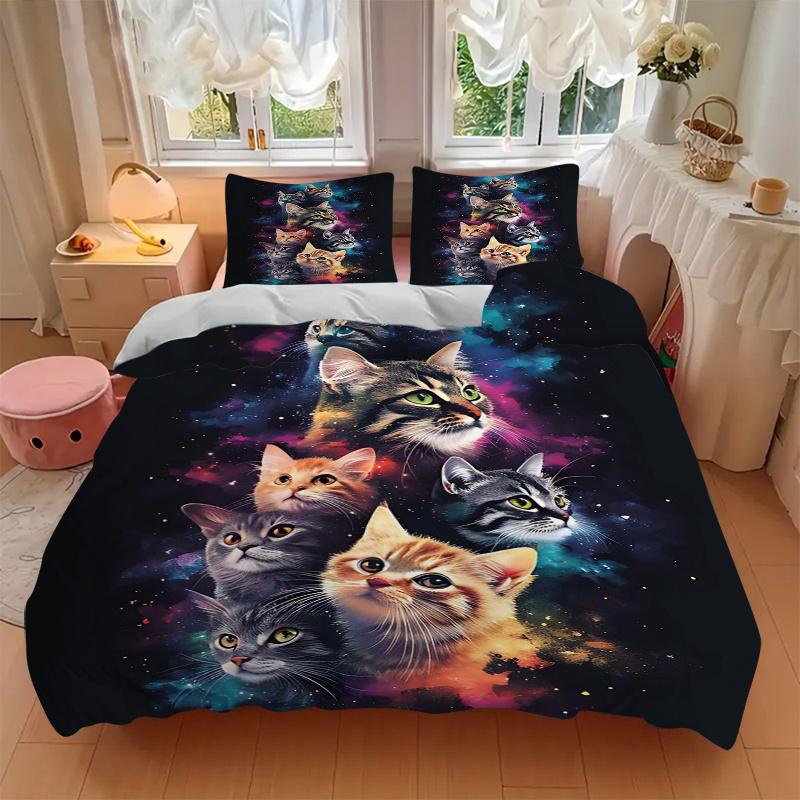 3pcs Galactic Cosmic Cat Print Cover Set Ultra Soft, Breathable, and Comfortable Bedding with Stylish Design for Bedroom and Guest Room Decor 1 C
